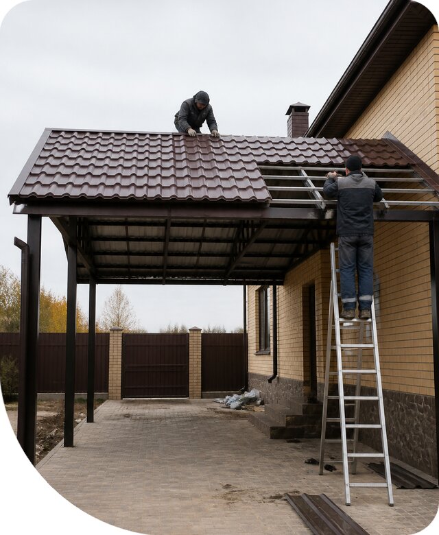 Изготовление навеса из металлочерепицы в Кургане под ключ